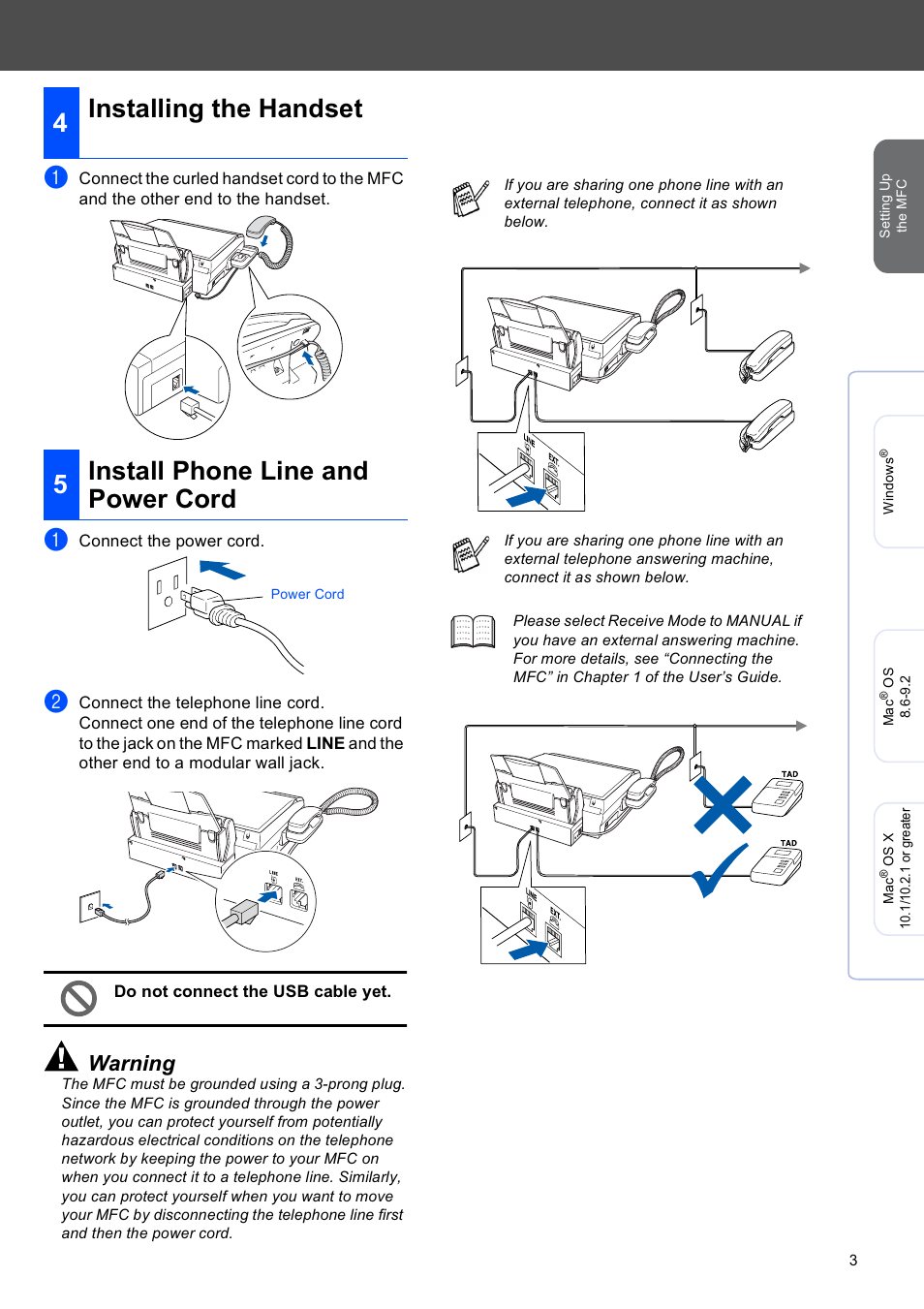 I installing the handset, Install phone line and power cord | Brother MFC-4820C User Manual | Page 5 / 28