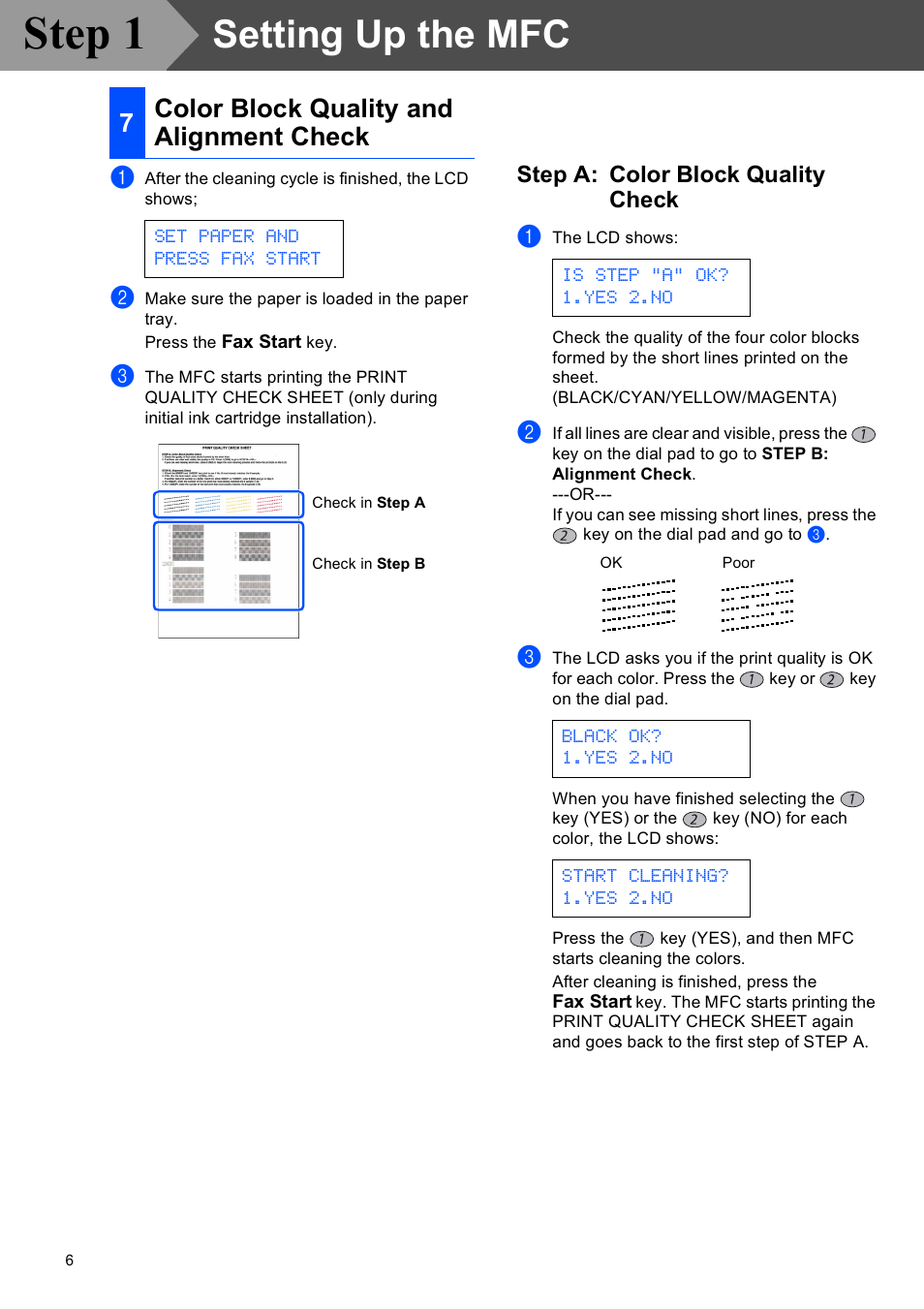 Color block quality and alignment check, Step a: color block quality check, Step 1 | Setting up the mfc | Brother MFC-4820C User Manual | Page 8 / 28