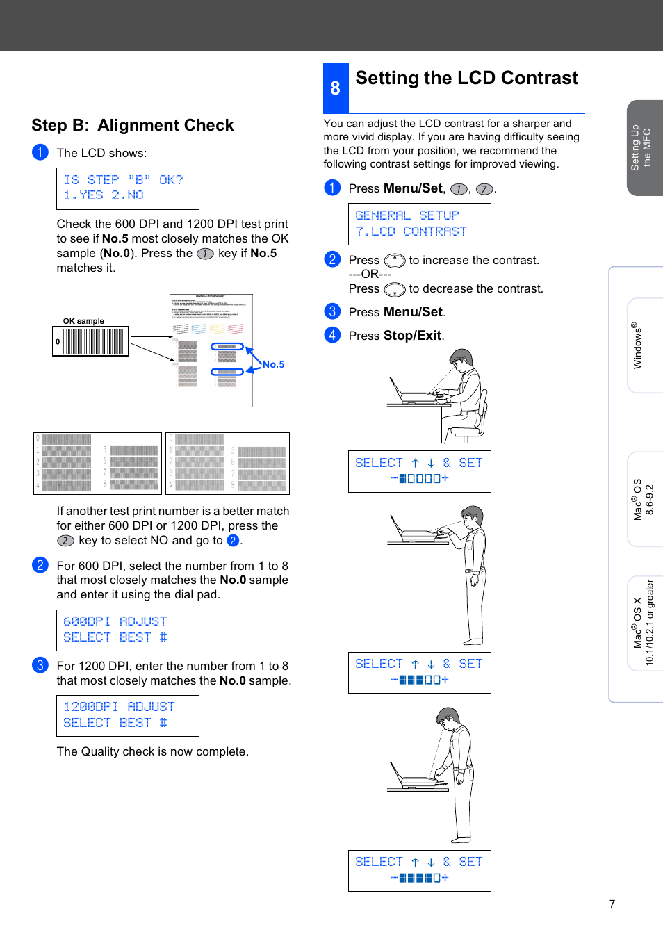 Setting the lcd contrast, Step b: alignment check | Brother MFC-4820C User Manual | Page 9 / 28