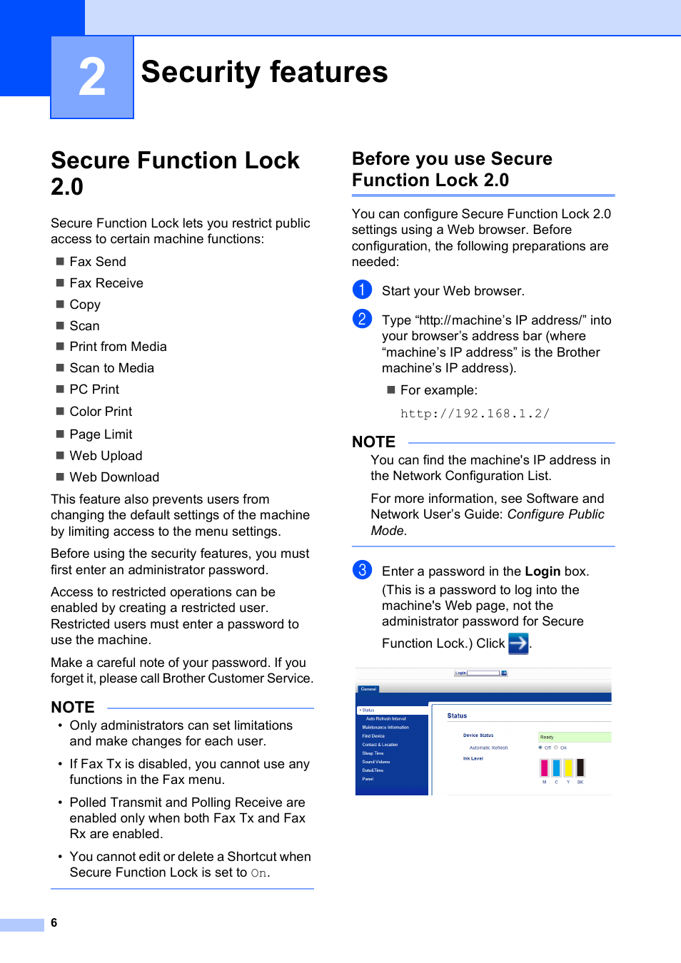 2 security features, Secure function lock 2.0, Before you use secure function lock 2.0 | Security features | Brother MFC-J6720DW User Manual | Page 12 / 101