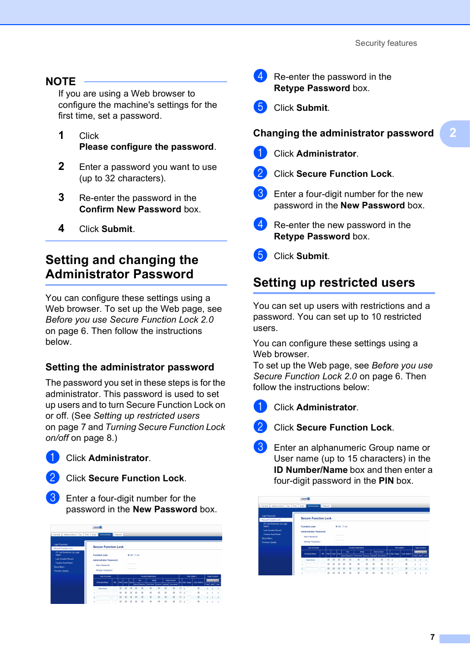 Setting and changing the administrator password, Setting the administrator password, Changing the administrator password | Setting up restricted users | Brother MFC-J6720DW User Manual | Page 13 / 101