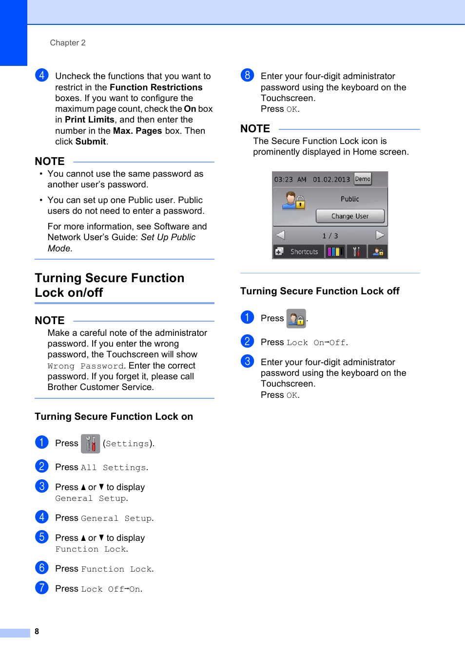 Turning secure function lock on/off, Turning secure function lock on, Turning secure function lock off | Brother MFC-J6720DW User Manual | Page 14 / 101