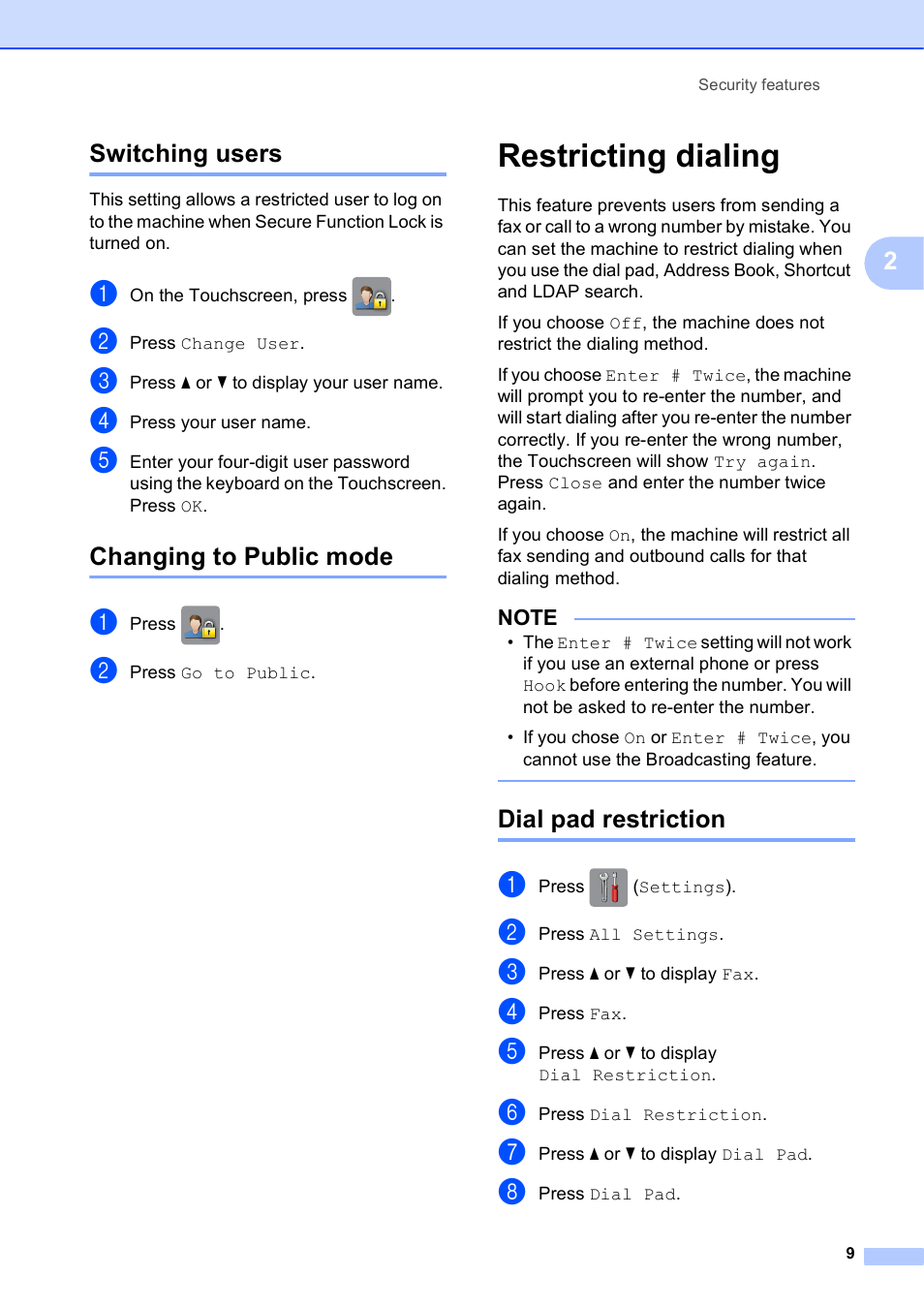 Switching users, Changing to public mode, Restricting dialing | Dial pad restriction, Switching users changing to public mode, 2switching users | Brother MFC-J6720DW User Manual | Page 15 / 101