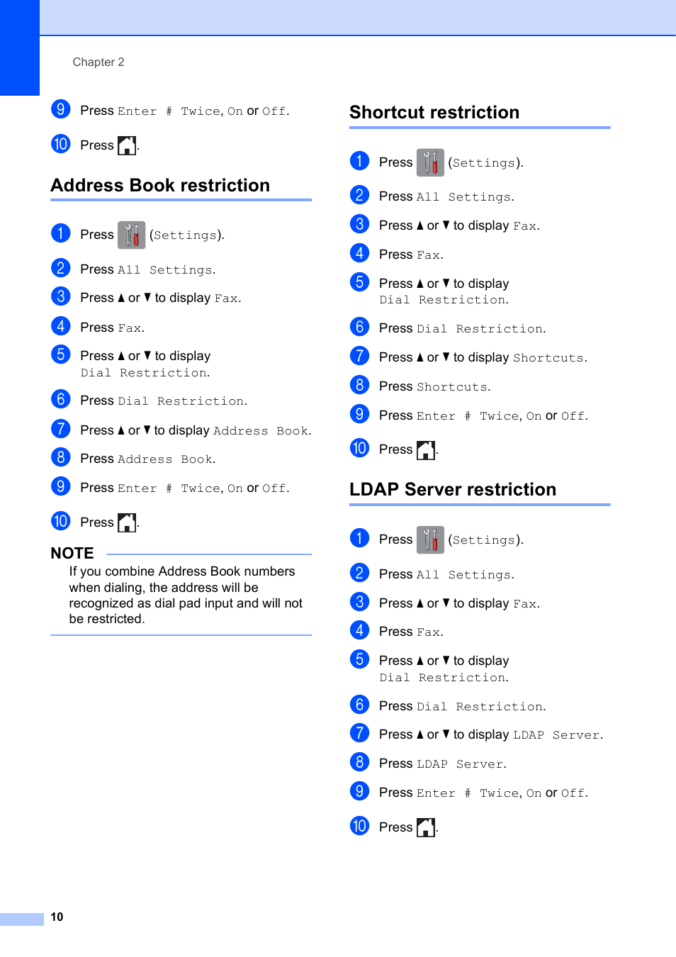 Address book restriction, Shortcut restriction, Ldap server restriction | Brother MFC-J6720DW User Manual | Page 16 / 101