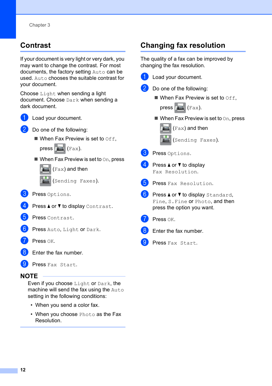 Contrast, Changing fax resolution, Contrast changing fax resolution | Brother MFC-J6720DW User Manual | Page 18 / 101