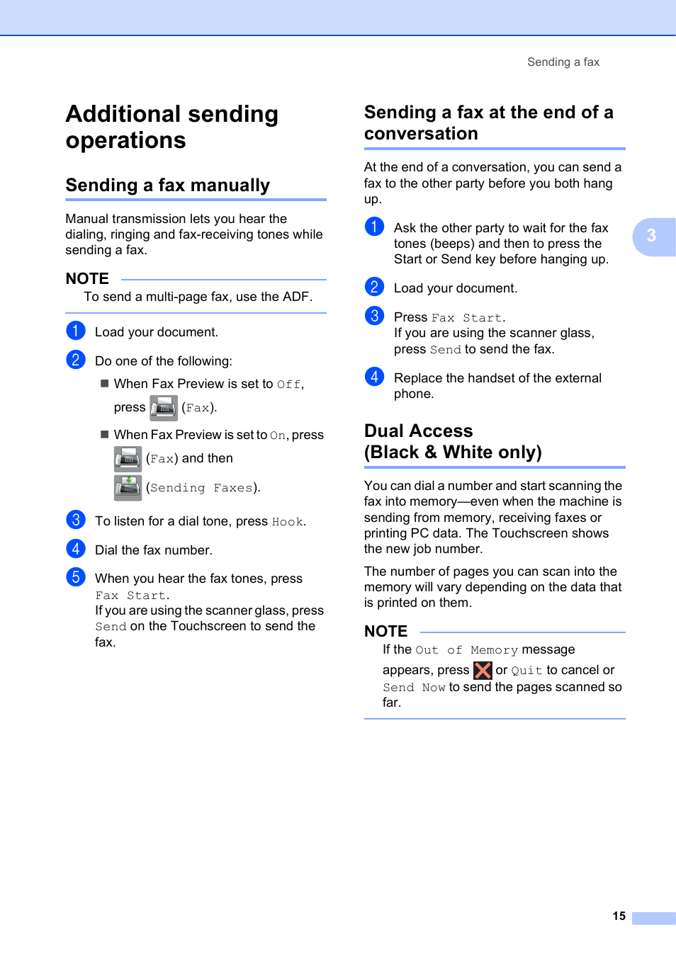 Additional sending operations, Sending a fax manually, Sending a fax at the end of a conversation | Dual access (black & white only) | Brother MFC-J6720DW User Manual | Page 21 / 101