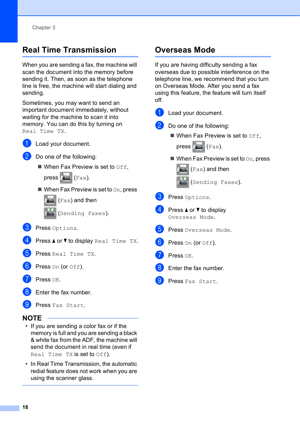 Real time transmission, Overseas mode, Real time transmission overseas mode | Brother MFC-J6720DW User Manual | Page 24 / 101