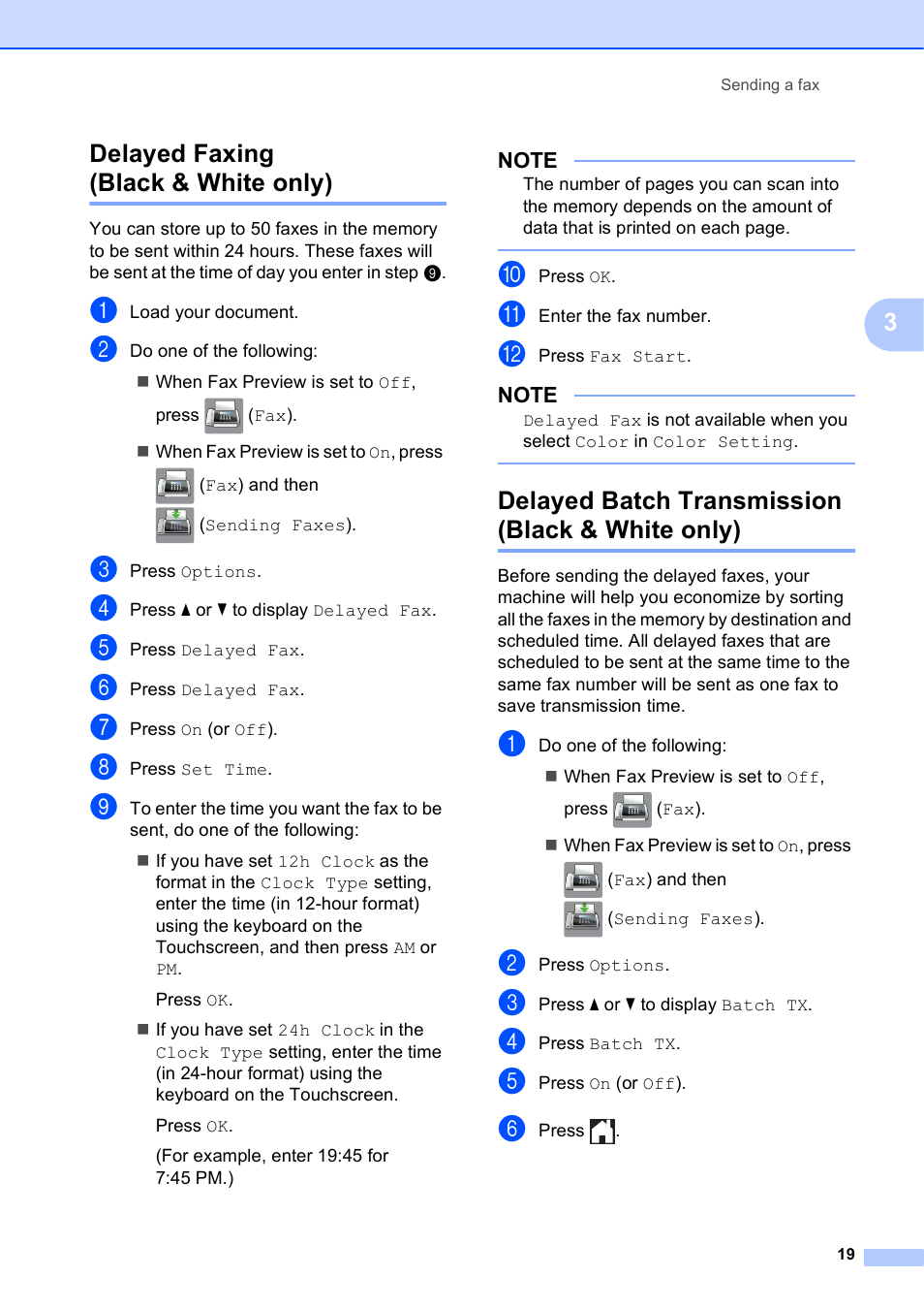 Delayed faxing (black & white only), Delayed batch transmission (black & white only), 3delayed faxing (black & white only) | Brother MFC-J6720DW User Manual | Page 25 / 101