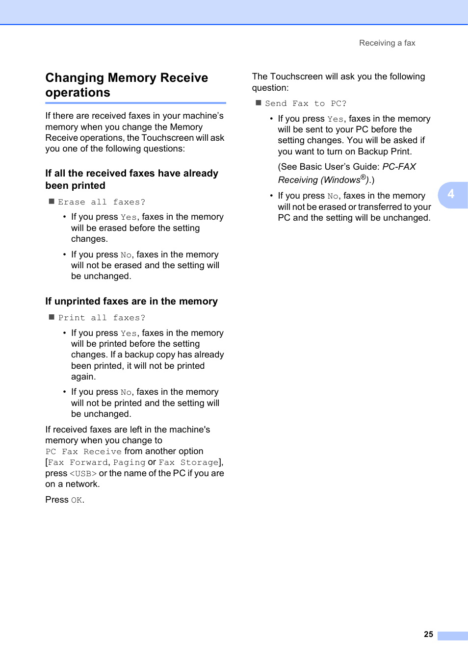 Changing memory receive operations, If unprinted faxes are in the memory | Brother MFC-J6720DW User Manual | Page 31 / 101