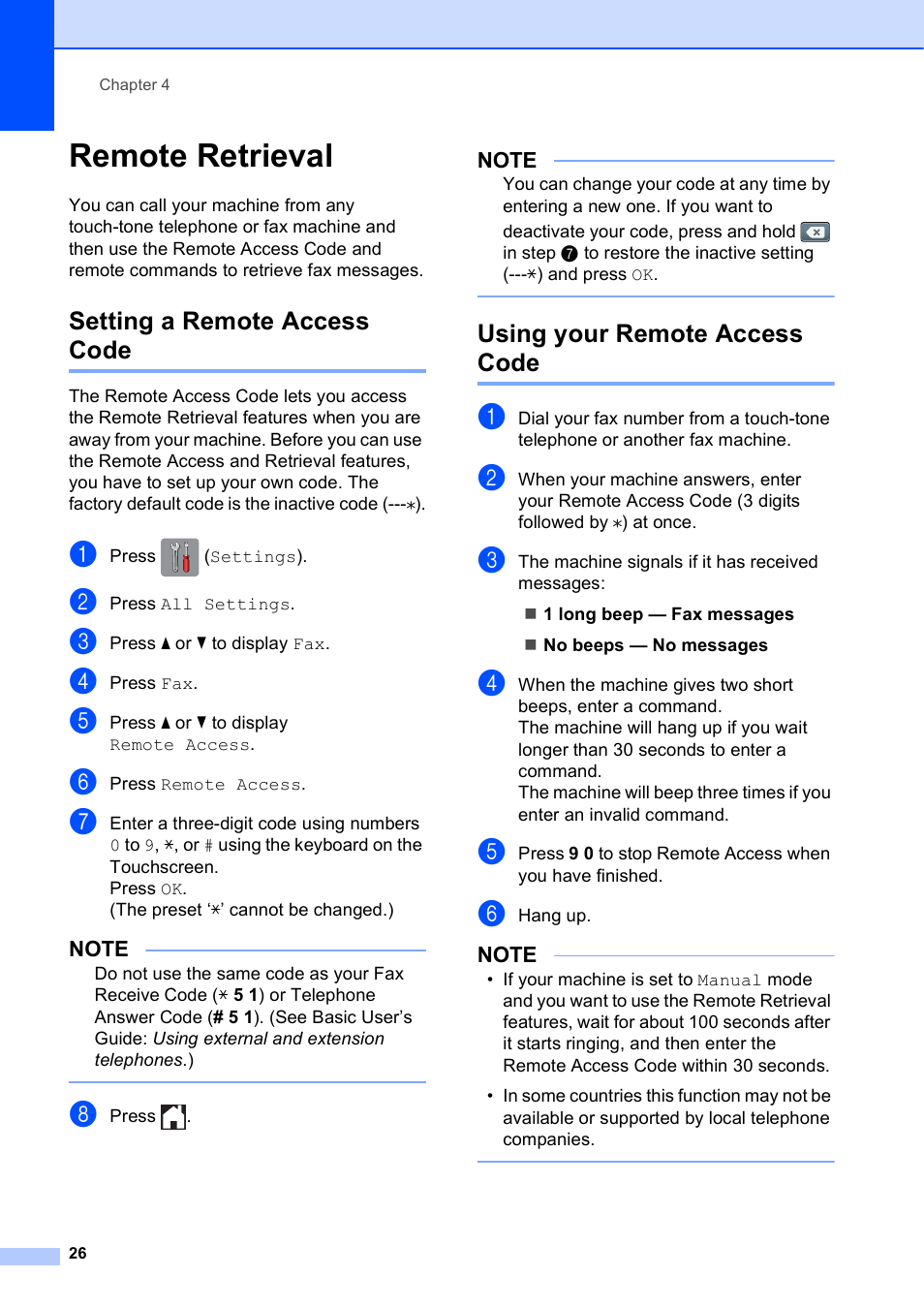 Remote retrieval, Setting a remote access code, Using your remote access code | Brother MFC-J6720DW User Manual | Page 32 / 101