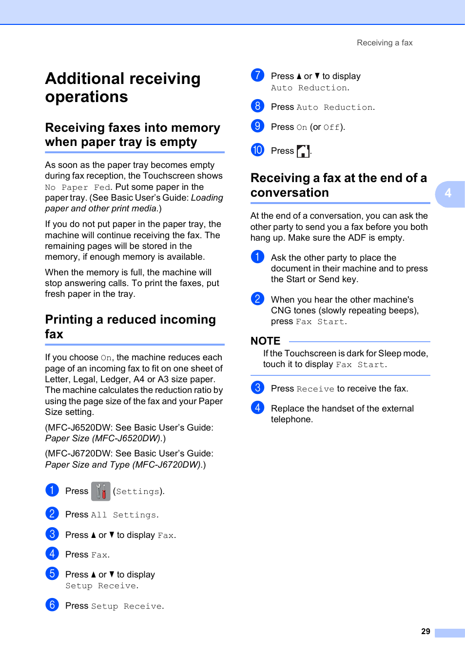 Additional receiving operations, Printing a reduced incoming fax, Receiving a fax at the end of a conversation | Brother MFC-J6720DW User Manual | Page 35 / 101