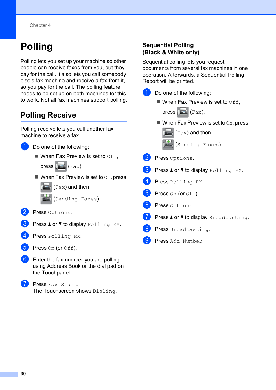 Polling, Polling receive, Sequential polling (black & white only) | Brother MFC-J6720DW User Manual | Page 36 / 101