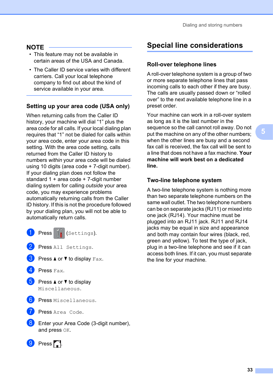 Setting up your area code (usa only), Special line considerations, Roll-over telephone lines | Two-line telephone system | Brother MFC-J6720DW User Manual | Page 39 / 101