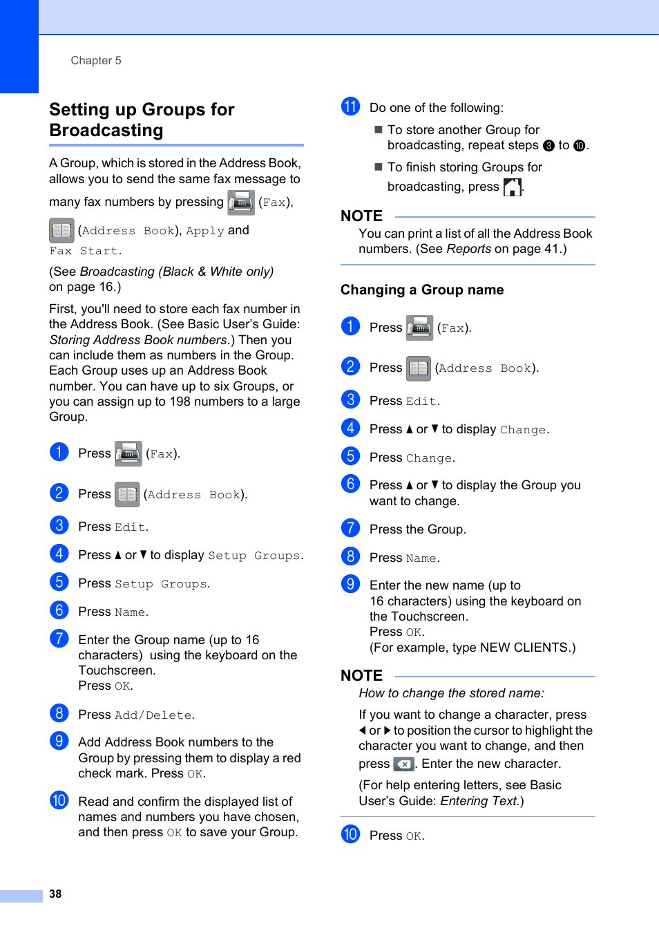 Setting up groups for broadcasting, Changing a group name | Brother MFC-J6720DW User Manual | Page 44 / 101