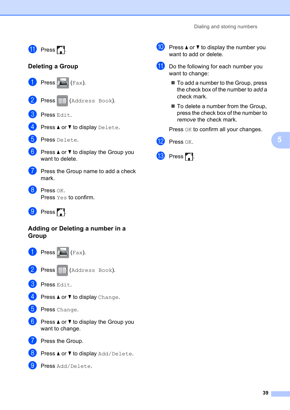 Deleting a group, Adding or deleting a number in a group | Brother MFC-J6720DW User Manual | Page 45 / 101