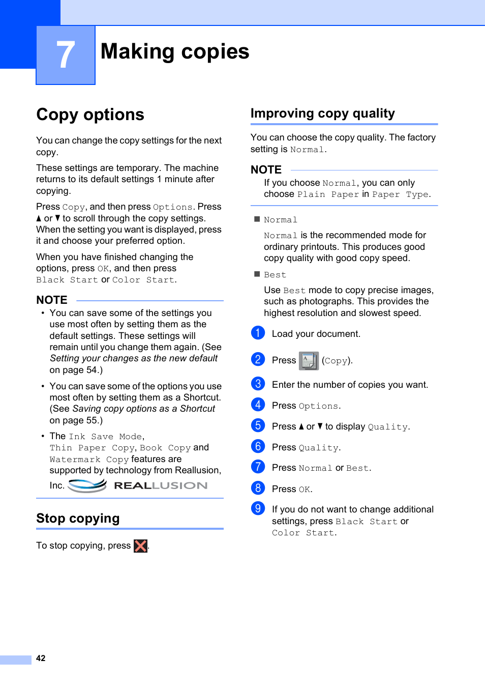 7 making copies, Copy options, Stop copying | Improving copy quality, Making copies, Stop copying improving copy quality | Brother MFC-J6720DW User Manual | Page 48 / 101