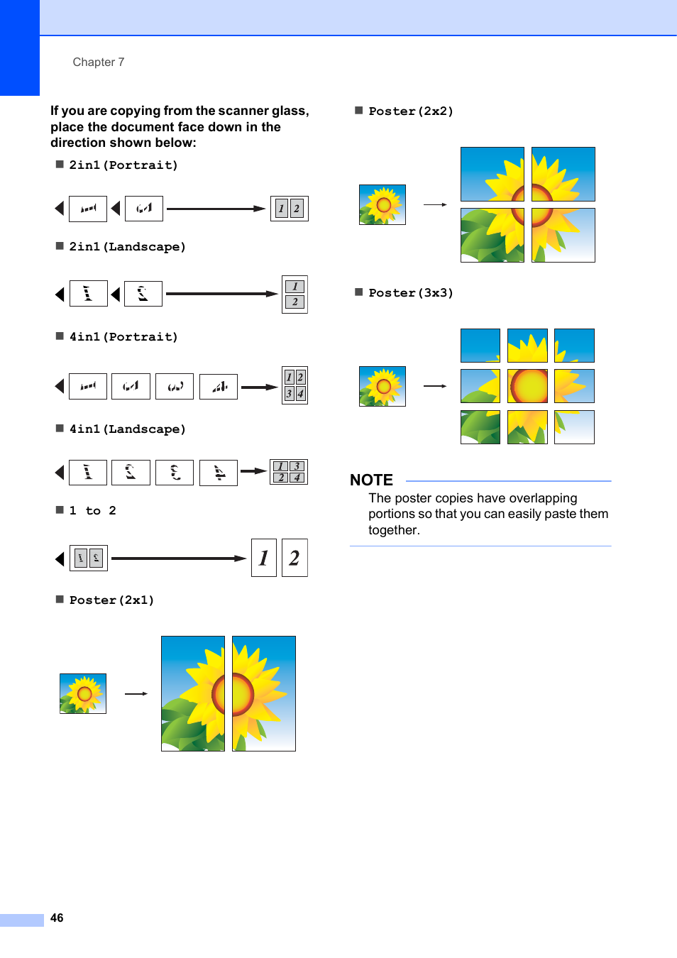 2in1(landscape), 4in1(portrait), 4in1(landscape) | 1 to 2, Poster(2x1), Poster(2x2), Poster(3x3) | Brother MFC-J6720DW User Manual | Page 52 / 101