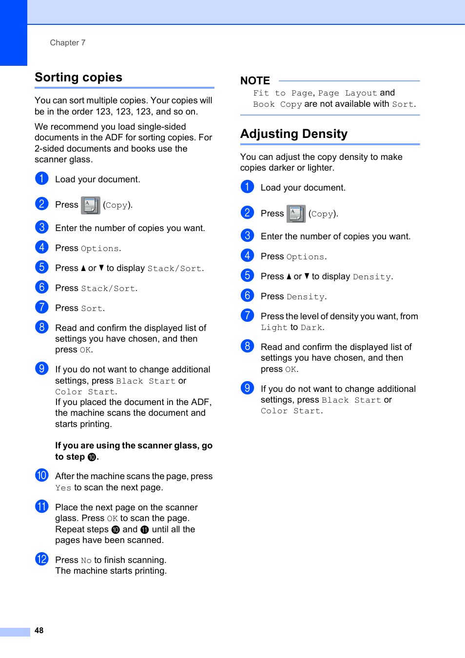 Sorting copies, Adjusting density, Sorting copies adjusting density | Brother MFC-J6720DW User Manual | Page 54 / 101