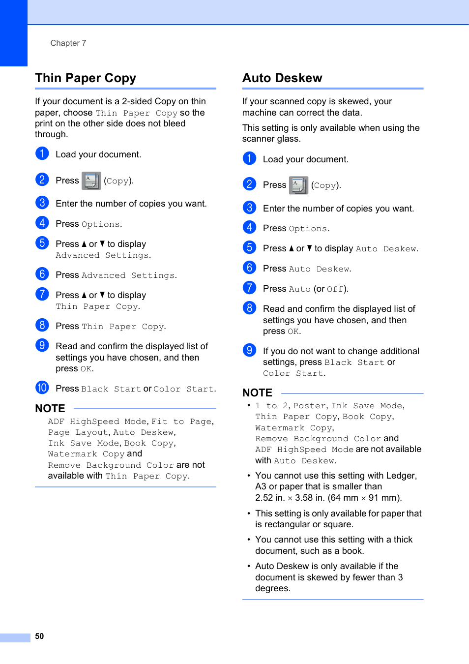 Thin paper copy, Auto deskew, Thin paper copy auto deskew | Brother MFC-J6720DW User Manual | Page 56 / 101