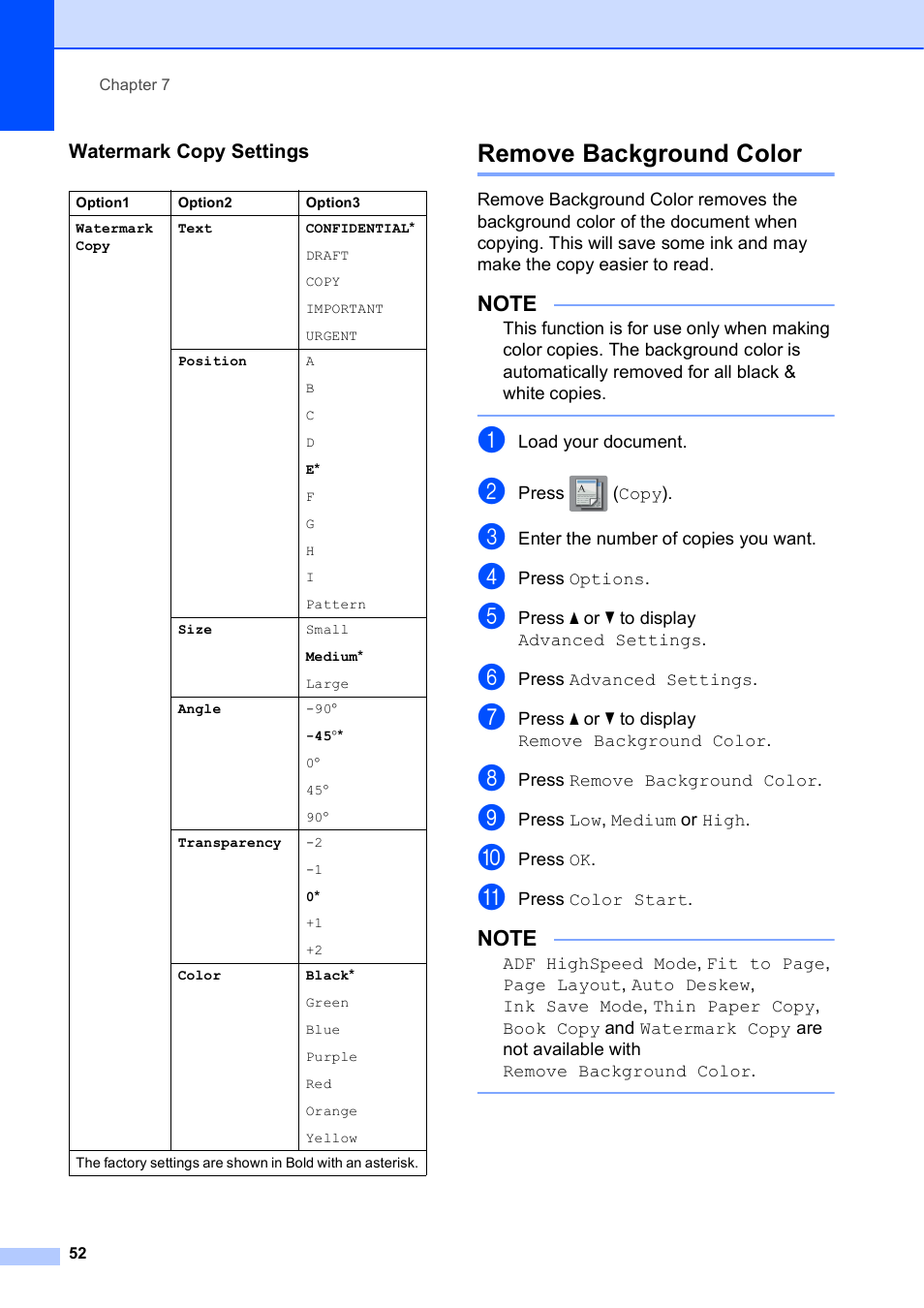 Watermark copy settings, Remove background color | Brother MFC-J6720DW User Manual | Page 58 / 101