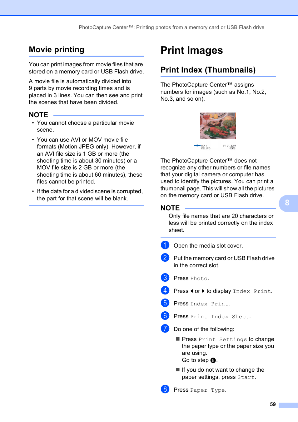 Movie printing, Print images, Print index (thumbnails) | 8movie printing | Brother MFC-J6720DW User Manual | Page 65 / 101