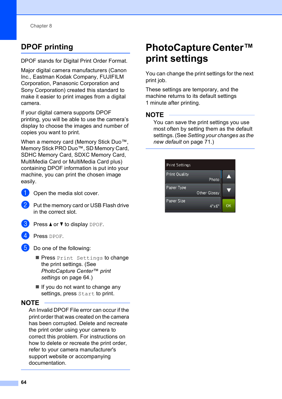 Dpof printing, Photocapture center™ print settings | Brother MFC-J6720DW User Manual | Page 70 / 101