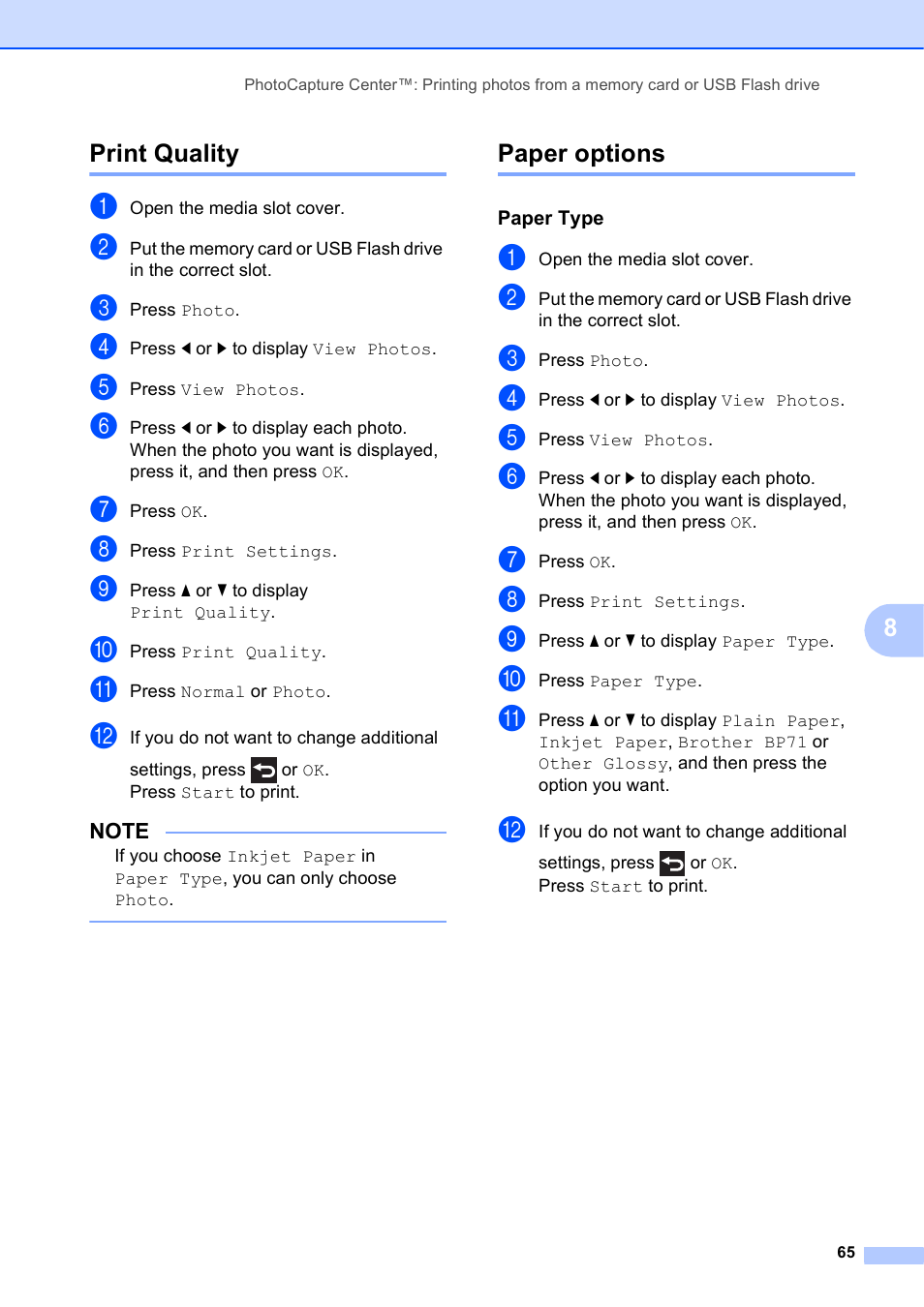 Print quality, Paper options, Paper type | Print quality paper options, 8print quality | Brother MFC-J6720DW User Manual | Page 71 / 101