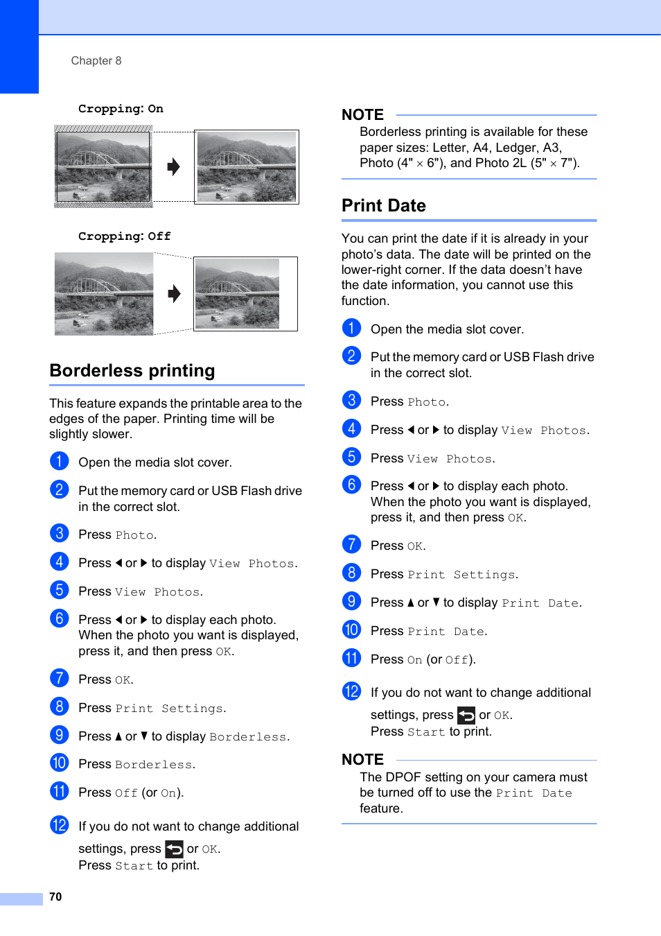 Borderless printing, Print date, Borderless printing print date | Brother MFC-J6720DW User Manual | Page 76 / 101