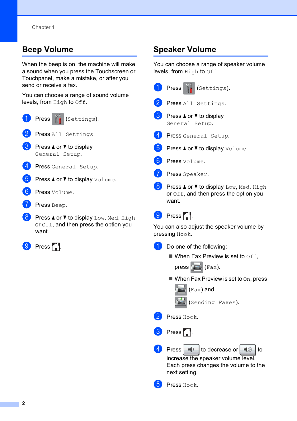 Beep volume, Speaker volume, Beep volume speaker volume | Brother MFC-J6720DW User Manual | Page 8 / 101