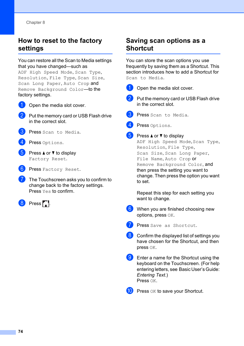 How to reset to the factory settings, Saving scan options as a shortcut | Brother MFC-J6720DW User Manual | Page 80 / 101