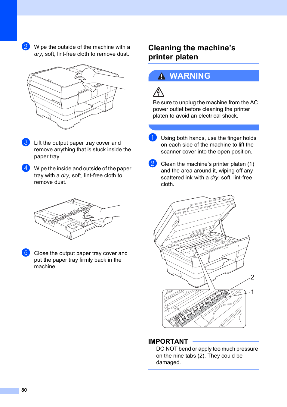 Cleaning the machine’s printer platen, Warning, Important | Brother MFC-J6720DW User Manual | Page 86 / 101