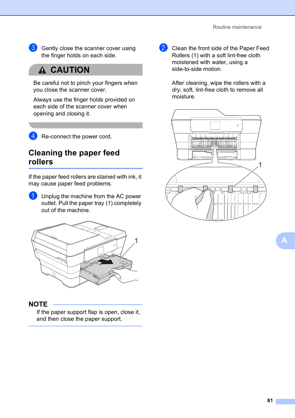 Cleaning the paper feed rollers, Caution | Brother MFC-J6720DW User Manual | Page 87 / 101