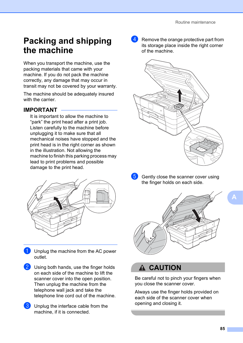 Packing and shipping the machine, Caution, Important | Brother MFC-J6720DW User Manual | Page 91 / 101