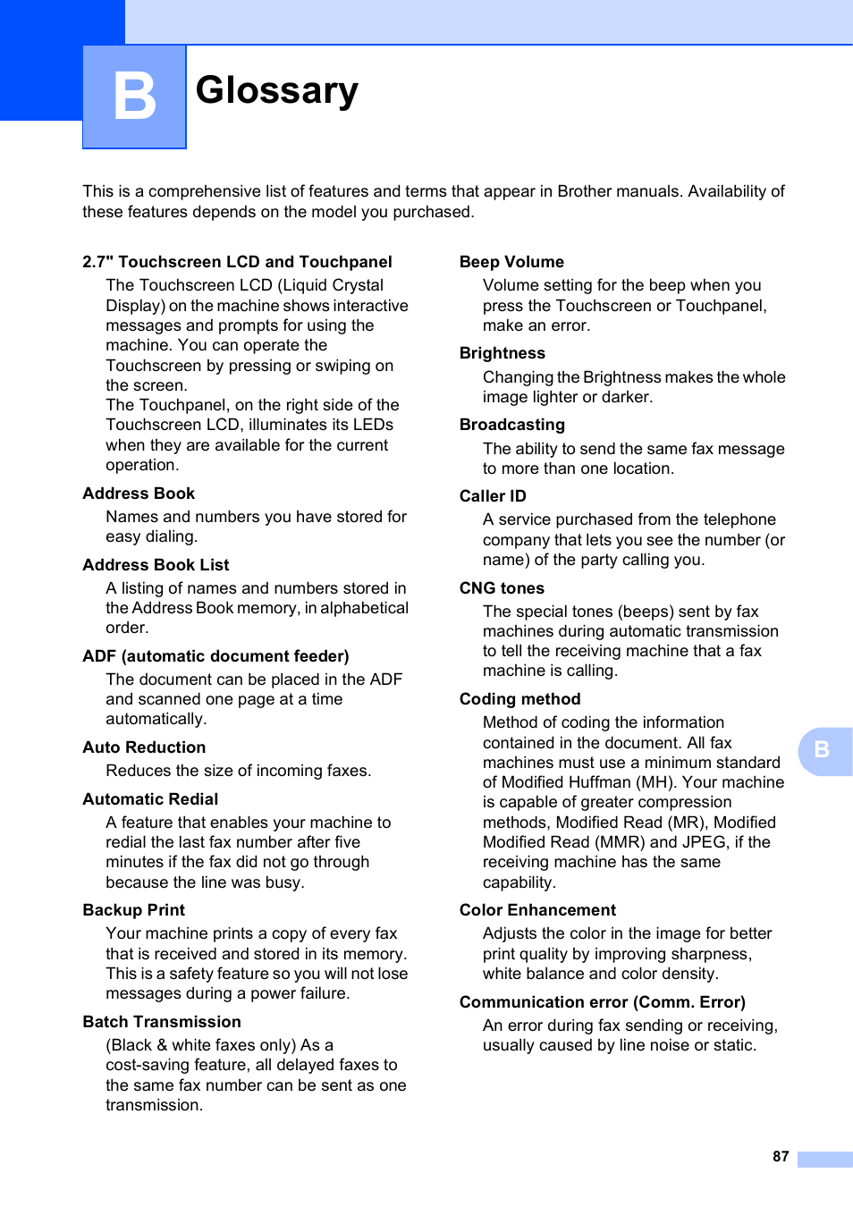 B glossary, Glossary | Brother MFC-J6720DW User Manual | Page 93 / 101