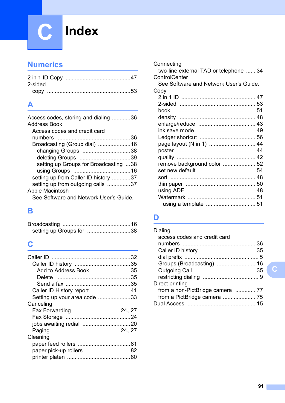 Index, Cnumerics | Brother MFC-J6720DW User Manual | Page 97 / 101