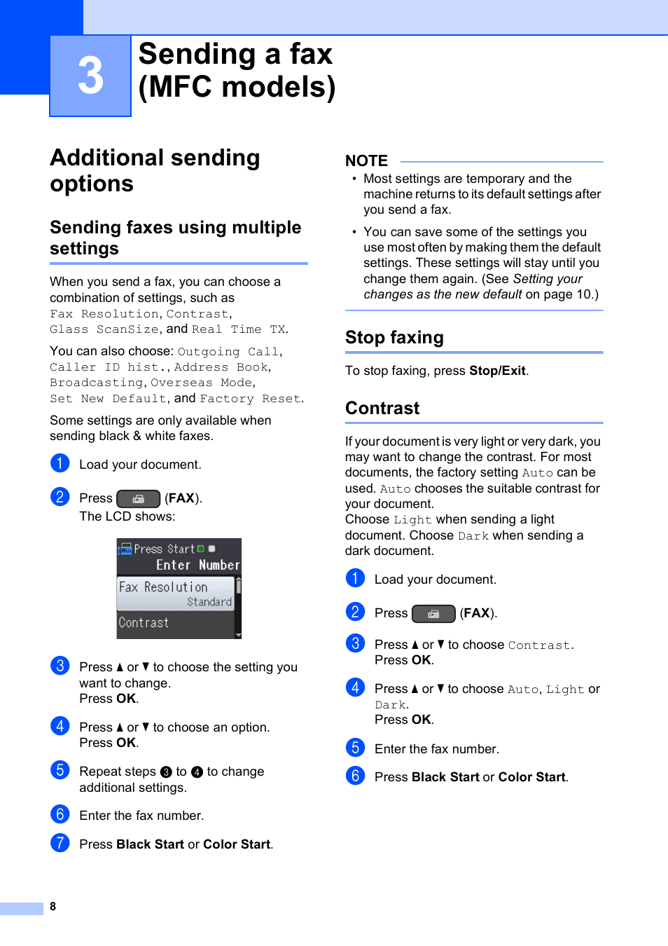 3 sending a fax (mfc models), Additional sending options, Sending faxes using multiple settings | Stop faxing, Contrast, Sending a fax (mfc models) | Brother MFC-J470DW User Manual | Page 14 / 57