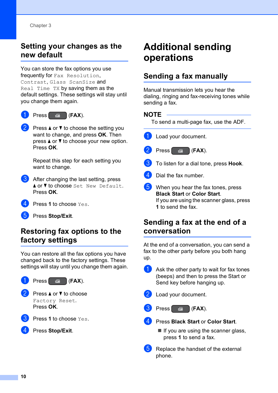 Setting your changes as the new default, Restoring fax options to the factory settings, Additional sending operations | Sending a fax manually, Sending a fax at the end of a conversation | Brother MFC-J470DW User Manual | Page 16 / 57