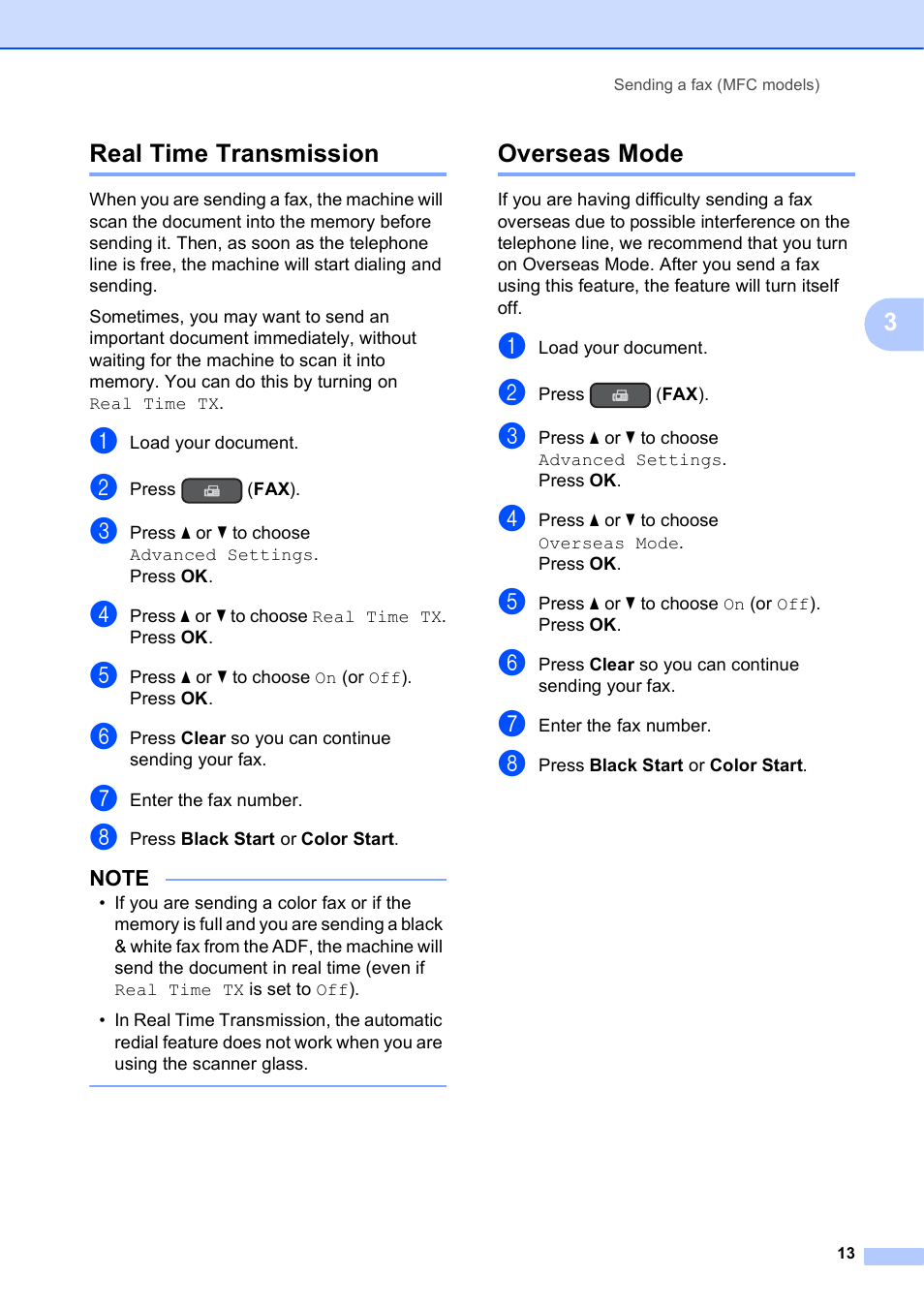 Real time transmission, Overseas mode, Real time transmission overseas mode | 3real time transmission | Brother MFC-J470DW User Manual | Page 19 / 57