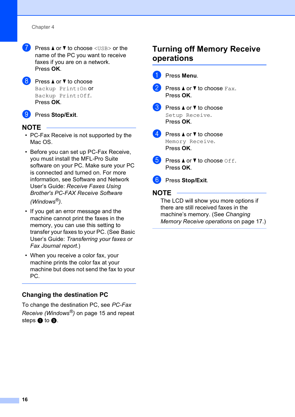 Changing the destination pc, Turning off memory receive operations | Brother MFC-J470DW User Manual | Page 22 / 57