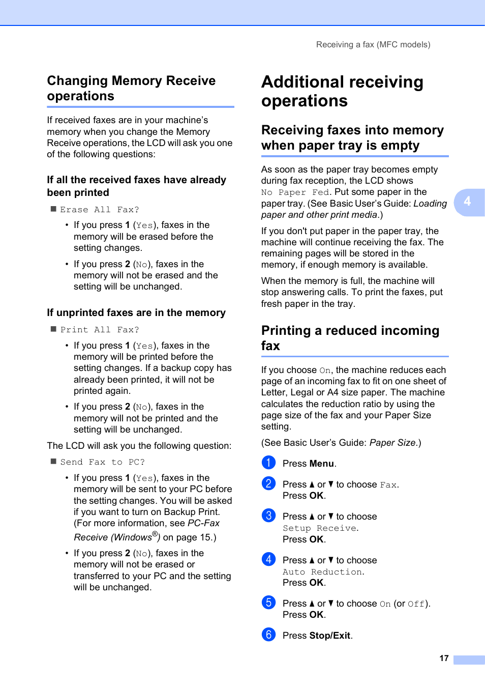 Changing memory receive operations, If unprinted faxes are in the memory, Additional receiving operations | Printing a reduced incoming fax | Brother MFC-J470DW User Manual | Page 23 / 57