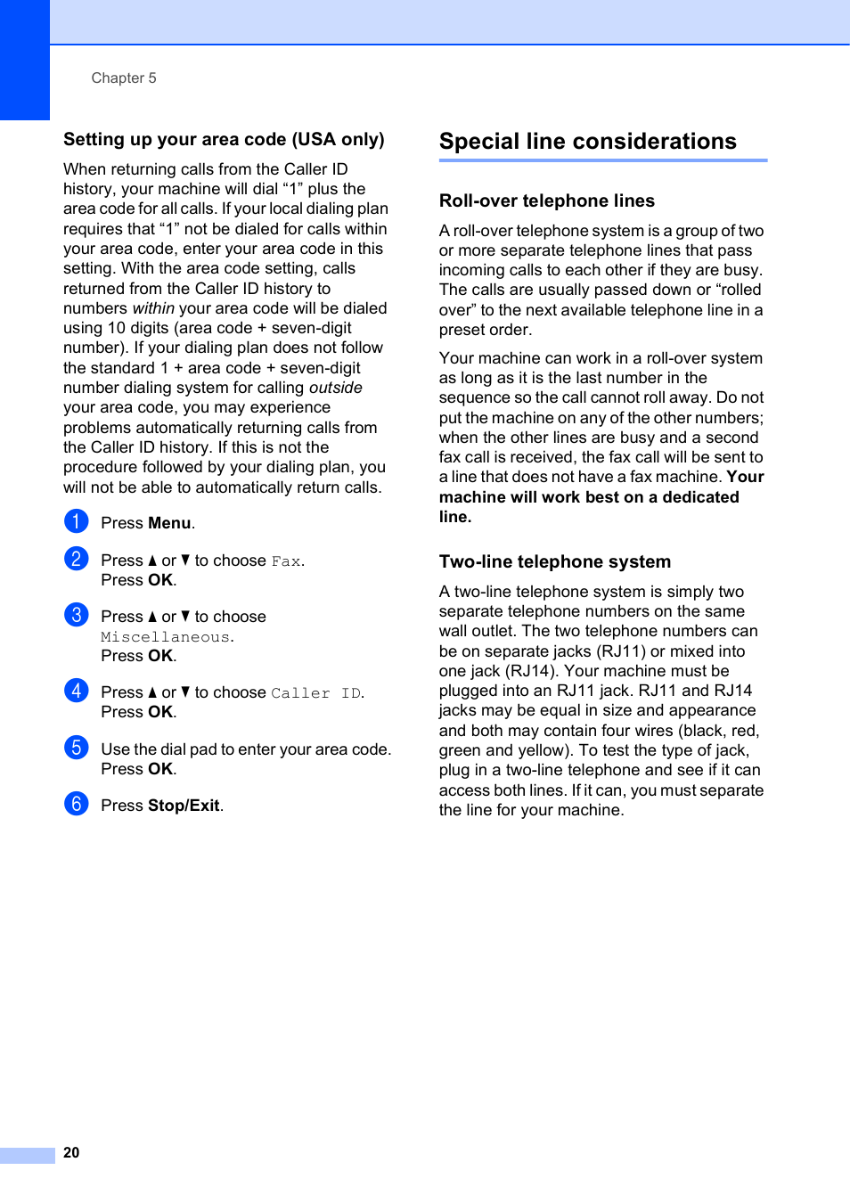Setting up your area code (usa only), Special line considerations, Roll-over telephone lines | Two-line telephone system | Brother MFC-J470DW User Manual | Page 26 / 57