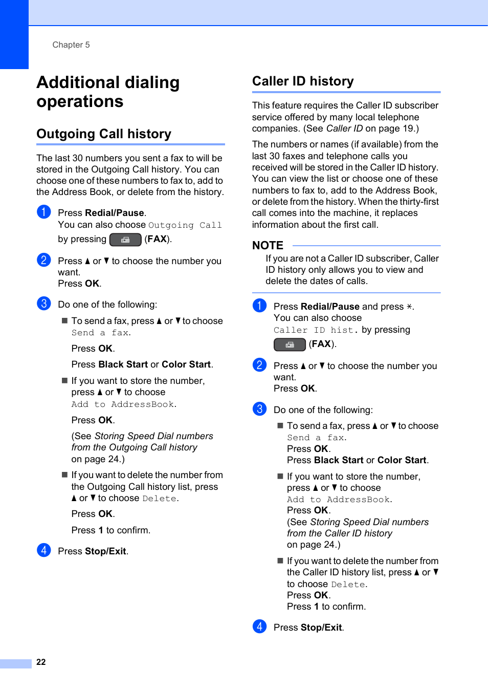Additional dialing operations, Outgoing call history, Caller id history | Outgoing call history caller id history | Brother MFC-J470DW User Manual | Page 28 / 57