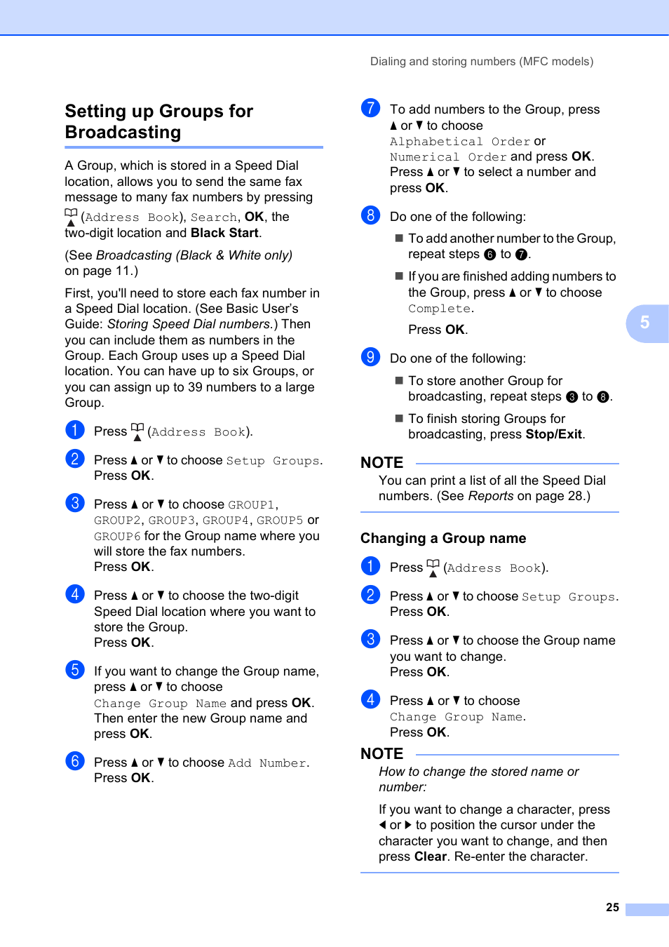Setting up groups for broadcasting, Changing a group name, 5setting up groups for broadcasting | Brother MFC-J470DW User Manual | Page 31 / 57