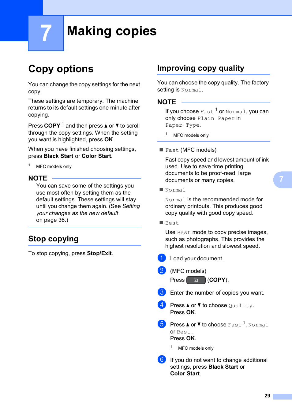 7 making copies, Copy options, Stop copying | Improving copy quality, Making copies, Stop copying improving copy quality | Brother MFC-J470DW User Manual | Page 35 / 57