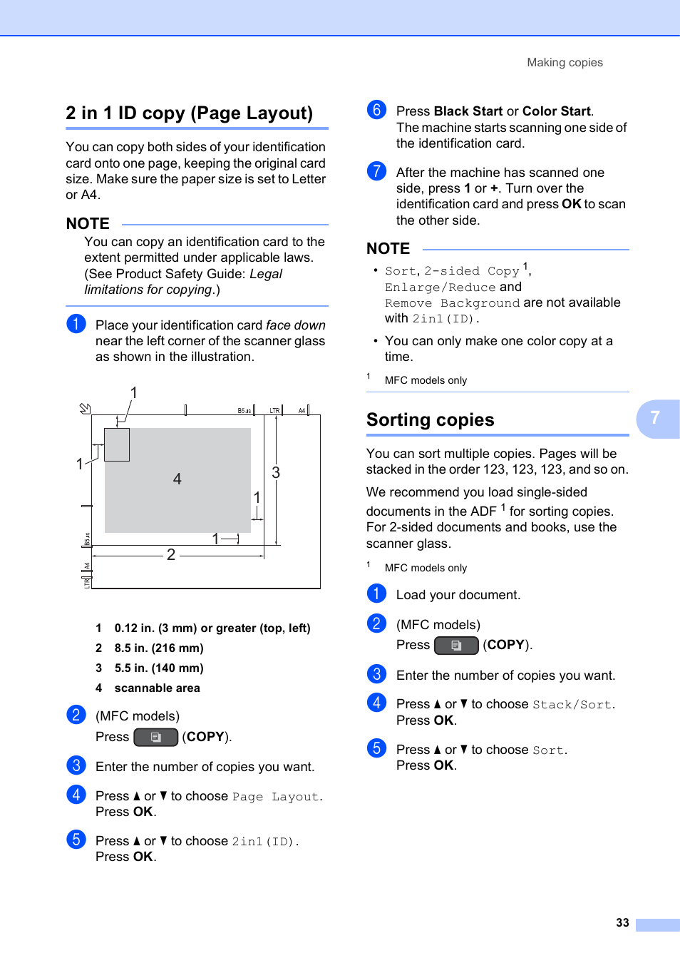 Sorting copies, 72 in 1 id copy (page layout) | Brother MFC-J470DW User Manual | Page 39 / 57