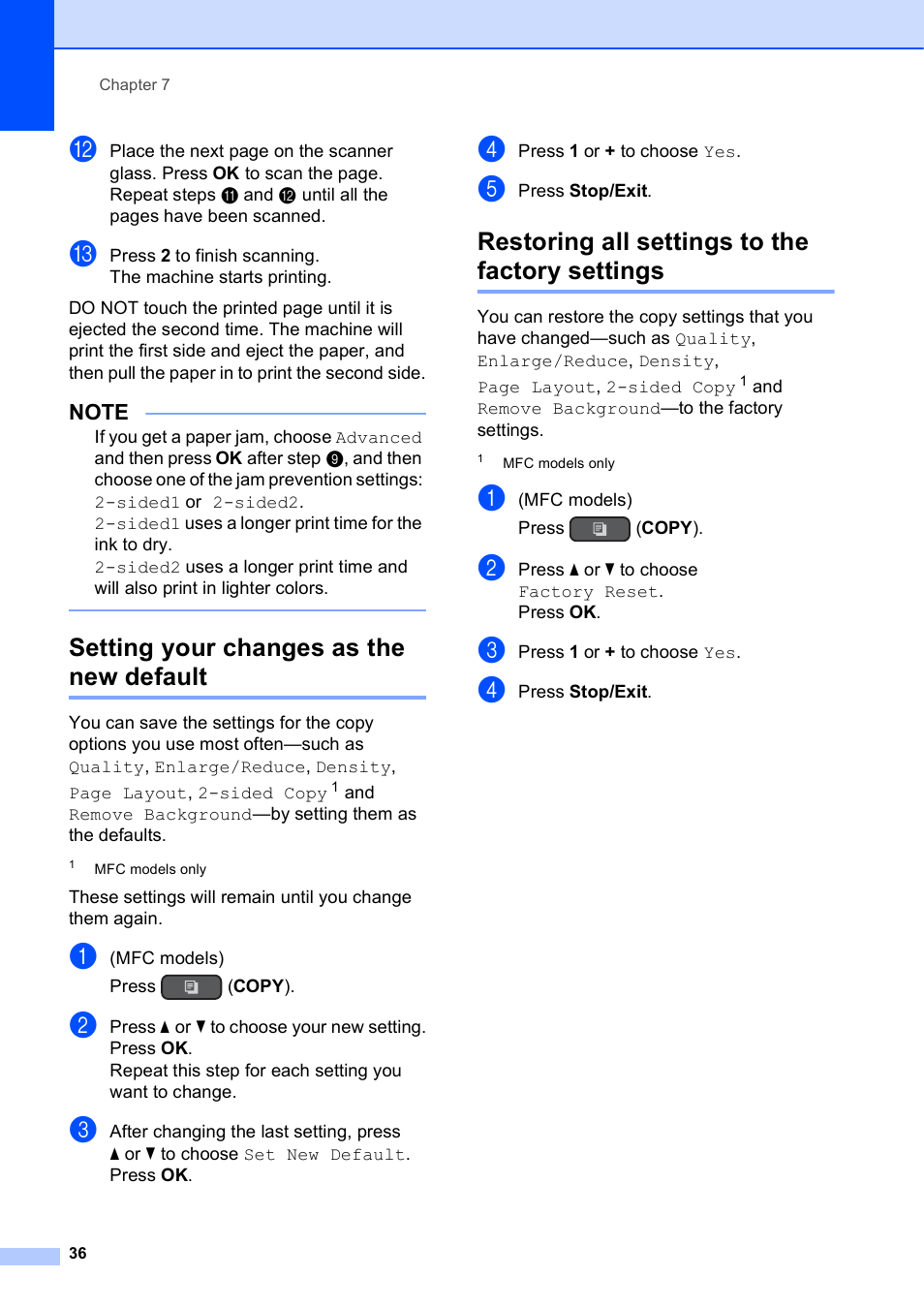 Setting your changes as the new default, Restoring all settings to the factory settings | Brother MFC-J470DW User Manual | Page 42 / 57