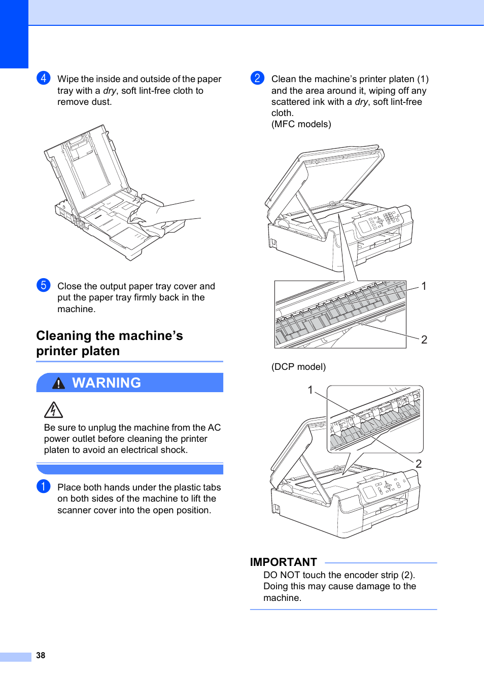 Cleaning the machine’s printer platen, Warning, Important | Brother MFC-J470DW User Manual | Page 44 / 57