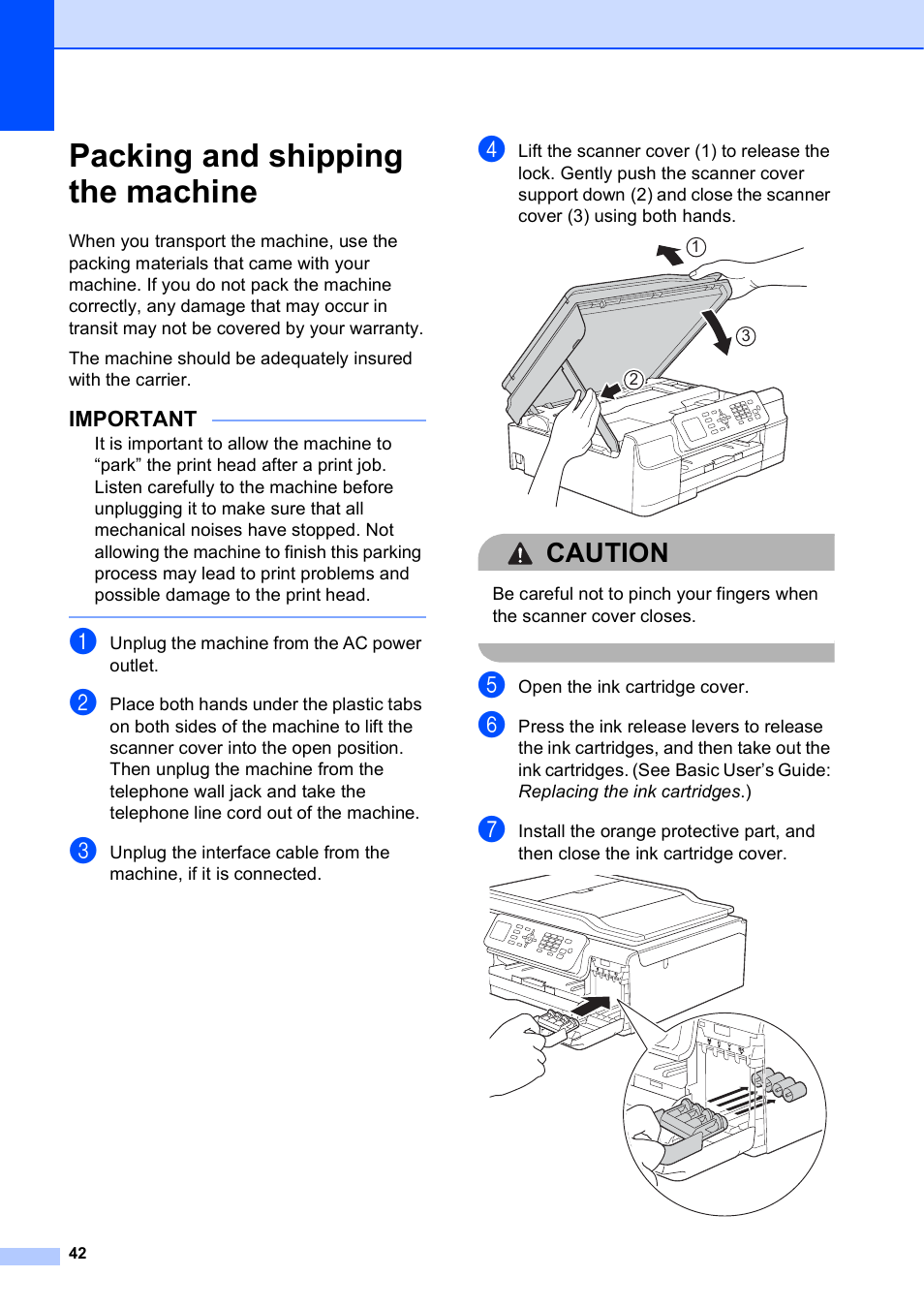 Packing and shipping the machine, Caution | Brother MFC-J470DW User Manual | Page 48 / 57