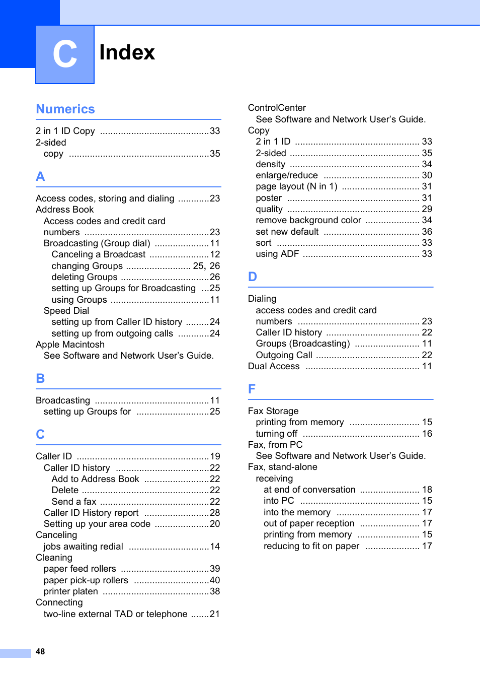 Index, Numerics | Brother MFC-J470DW User Manual | Page 54 / 57