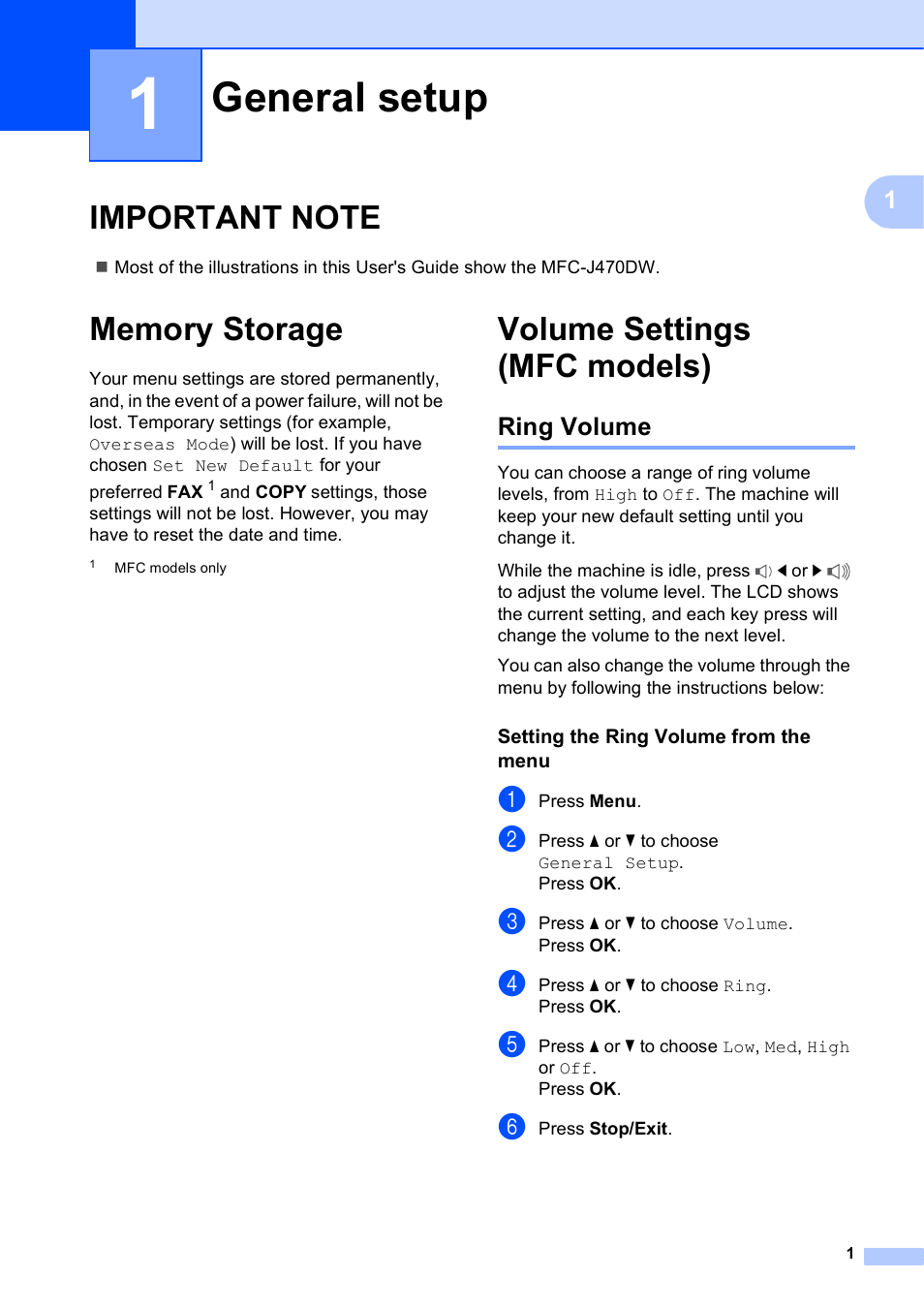 1 general setup, Important note, Memory storage | Volume settings (mfc models), Ring volume, Setting the ring volume from the menu, General setup | Brother MFC-J470DW User Manual | Page 7 / 57